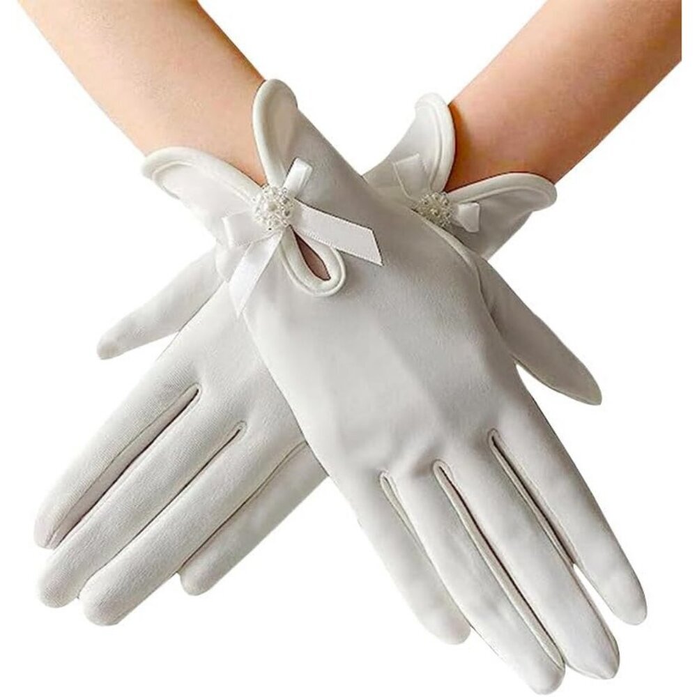 Women's White Flower Elegant Bow Pearl Short Satin Gloves Dinner Party Prom